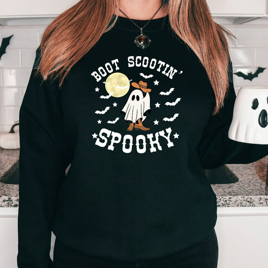 Boot Scootin Spooky Sweatshirt, Cute Spooky Crewneck, Halloween Gift, Halloween Hoodie, Cowboy Ghost Shirt, Western Halloween Party Shirt