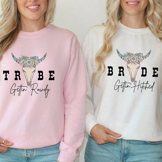 Getting Hitched Rowdy Sweatshirt, Western Bachelorette Party Favors, Wedding Gifts, Country Bride Tribe Crewneck, Team Bride Shirt