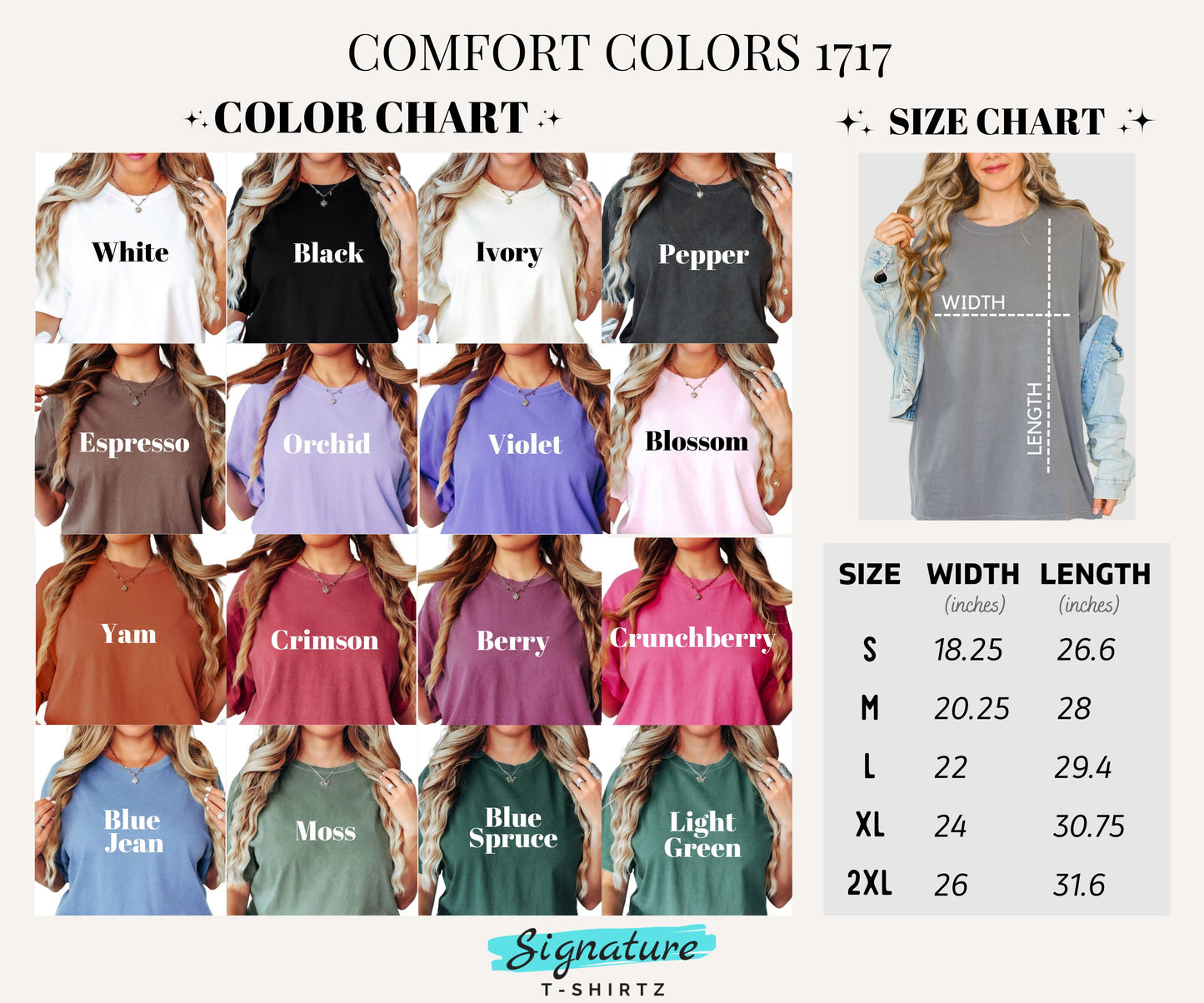 Color chart and size chart for Signature T-shirtz t-shirts with various colors and measurements.