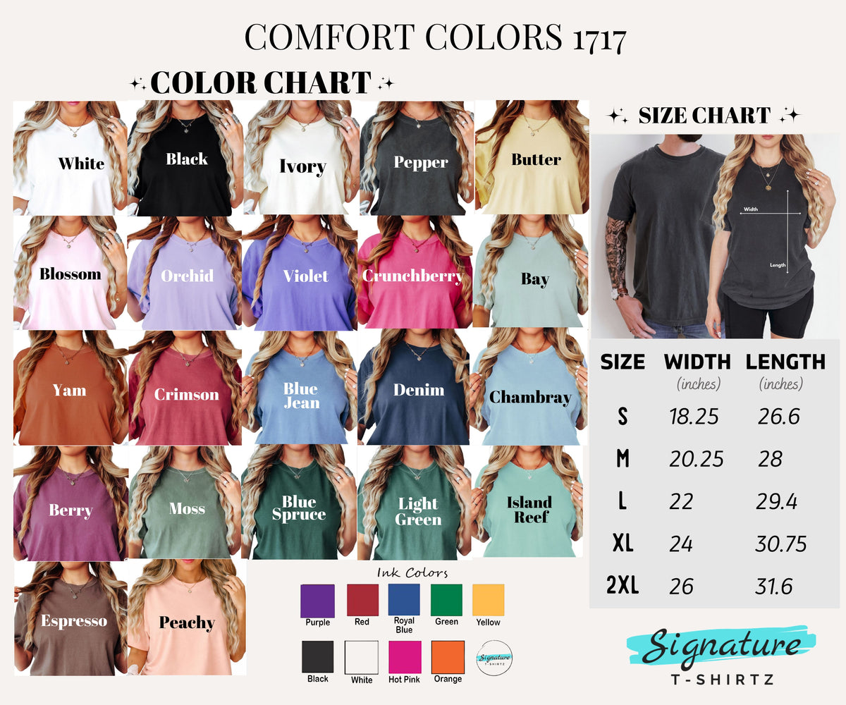 A digital color and size chart for Comfort Colors 1717 t-shirts. The left side features a grid of 20 different women's t-shirt color options, each shown on a model.