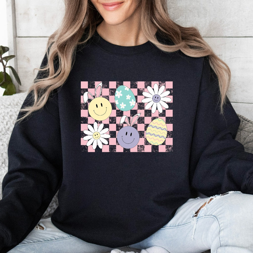 Checker Bunny Egg Sweatshirt, Easter Bunny Smile Face Crewneck, Easter Sweater, Retro Easter Shirt, Cute Easter Tee, Distressed Easter Shirt