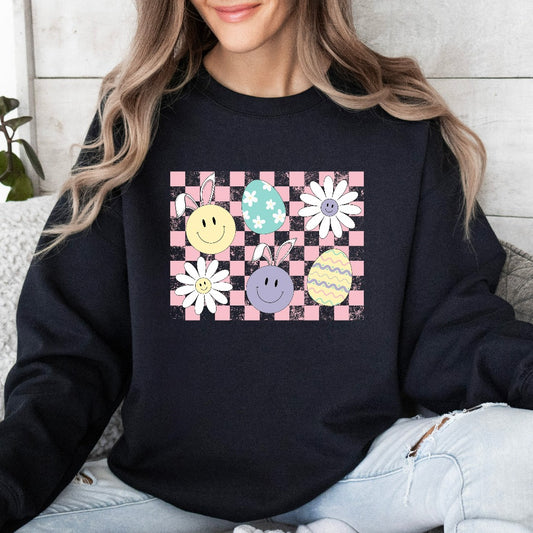 Checker Bunny Egg Sweatshirt, Easter Bunny Smile Face Crewneck, Easter Sweater, Retro Easter Shirt, Cute Easter Tee, Distressed Easter Shirt