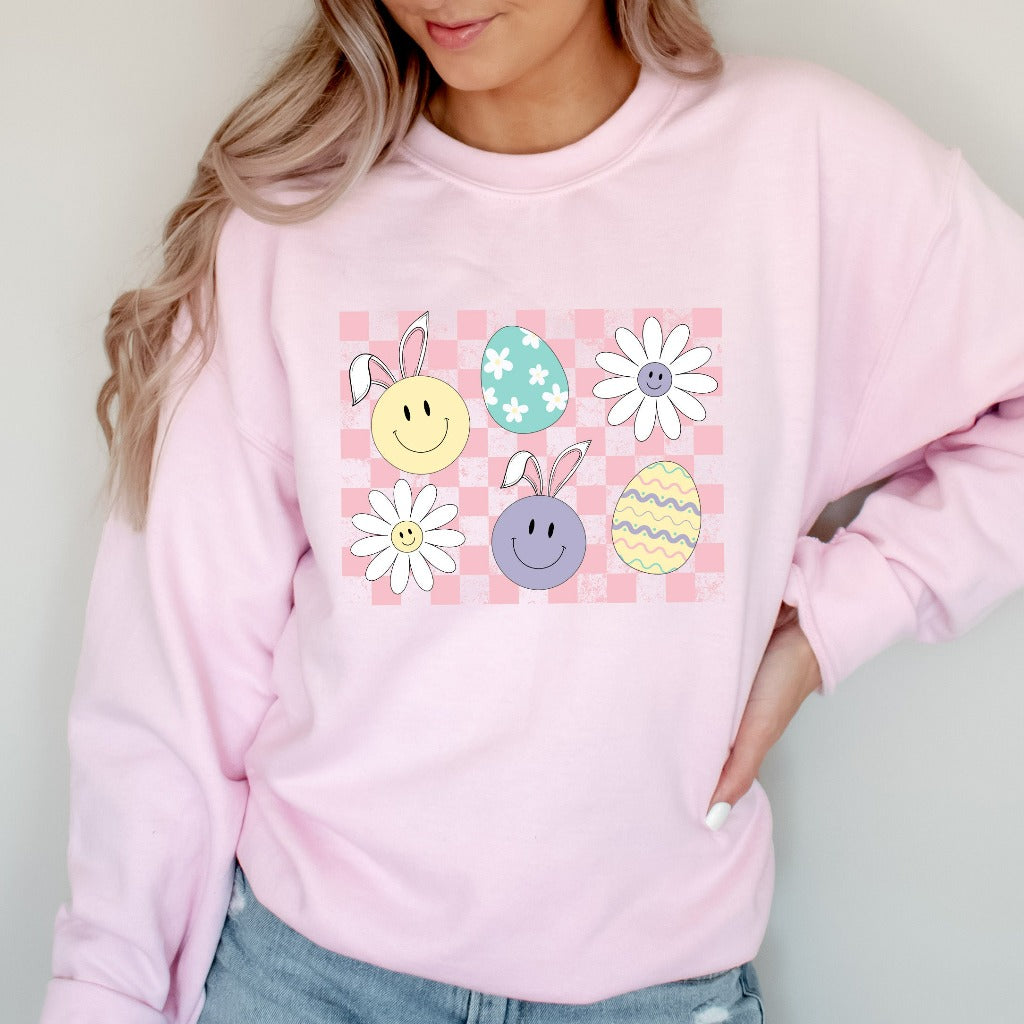 Checker Bunny Egg Sweatshirt, Easter Bunny Smile Face Crewneck, Easter Sweater, Retro Easter Shirt, Cute Easter Tee, Distressed Easter Shirt
