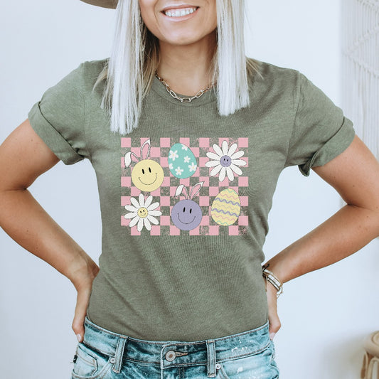 Checker Bunny Egg Shirt, Easter Bunny Smile Face TShirt, Easter Graphic Tee, Retro Easter Shirt, Cute Easter Tee, Distressed Easter Shirt