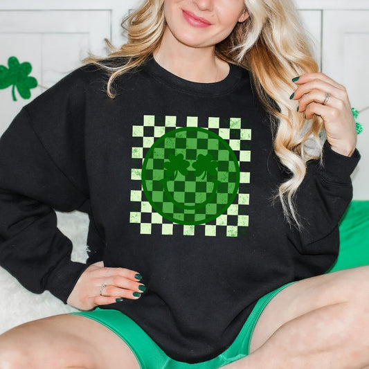 Checker Smile Face St Patricks Sweatshirt, Distressed St Patricks Day Crewneck, Shamrock Smile Hoodie, Retro St Pattys Outfit, Irish Gifts