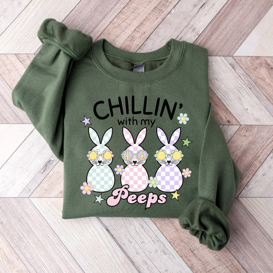Easter Peeps Sweatshirt, Hello Spring Crewneck, Funny Easter Sweater, Cute Bunny Shirt, My Peeps Shirt, Retro Easter Bunny Hoodie, Chillin