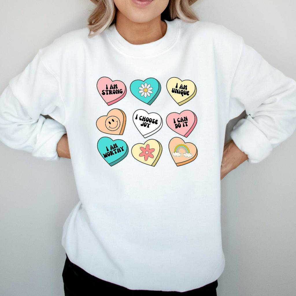 Positive Affirmations Teacher Sweatshirt, Candy Heart Crewneck, Valentines Day Sweater, Conversation Hearts, Valentines Shirt for Teachers