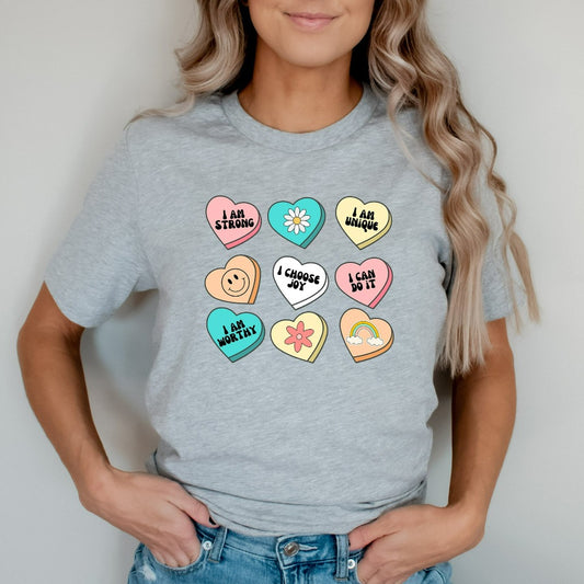 Positive Affirmations Shirt, Teacher Valentine TShirt, Candy Heart Graphic Tee, Women Valentines Day Shirt, Inspirational Valentines Day Tee