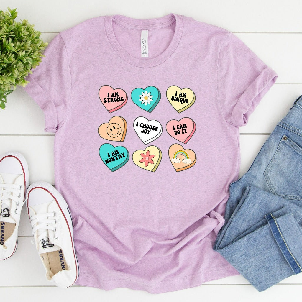 Positive Affirmations Shirt, Teacher Valentine TShirt, Candy Heart Graphic Tee, Women Valentines Day Shirt, Inspirational Valentines Day Tee