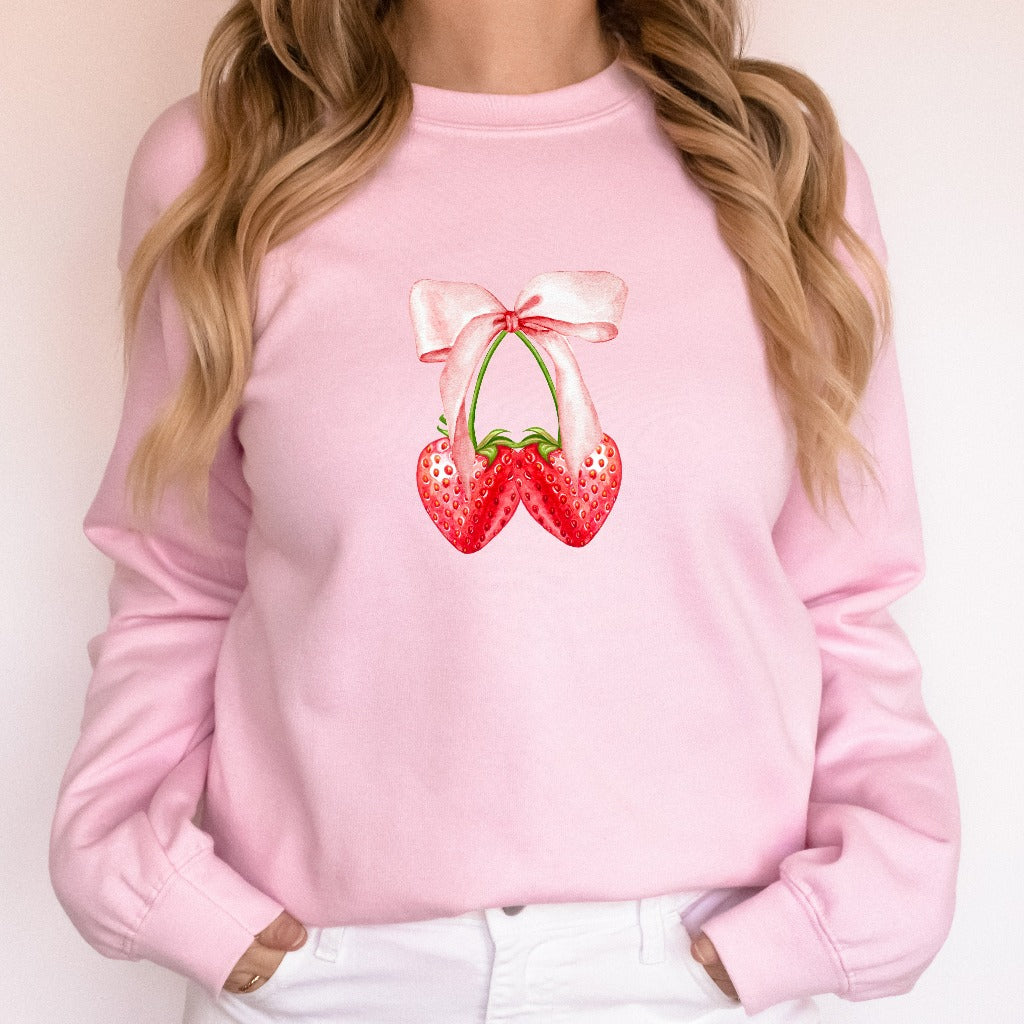 Pink Bow Coquette Strawberry Sweatshirt, Strawberry Crewneck, Girly Pink Sweater, Coquette Bow Shirt, Coquette Aesthetic Shirt, Gift for Her