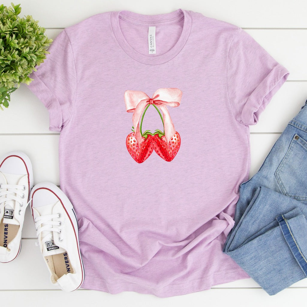 Pink Bow Coquette Strawberry Shirt, Strawberry TShirt, Girly Pink Graphic Tee, Coquette Bow Shirt, Coquette Aesthetic T Shirt, Gift for Her
