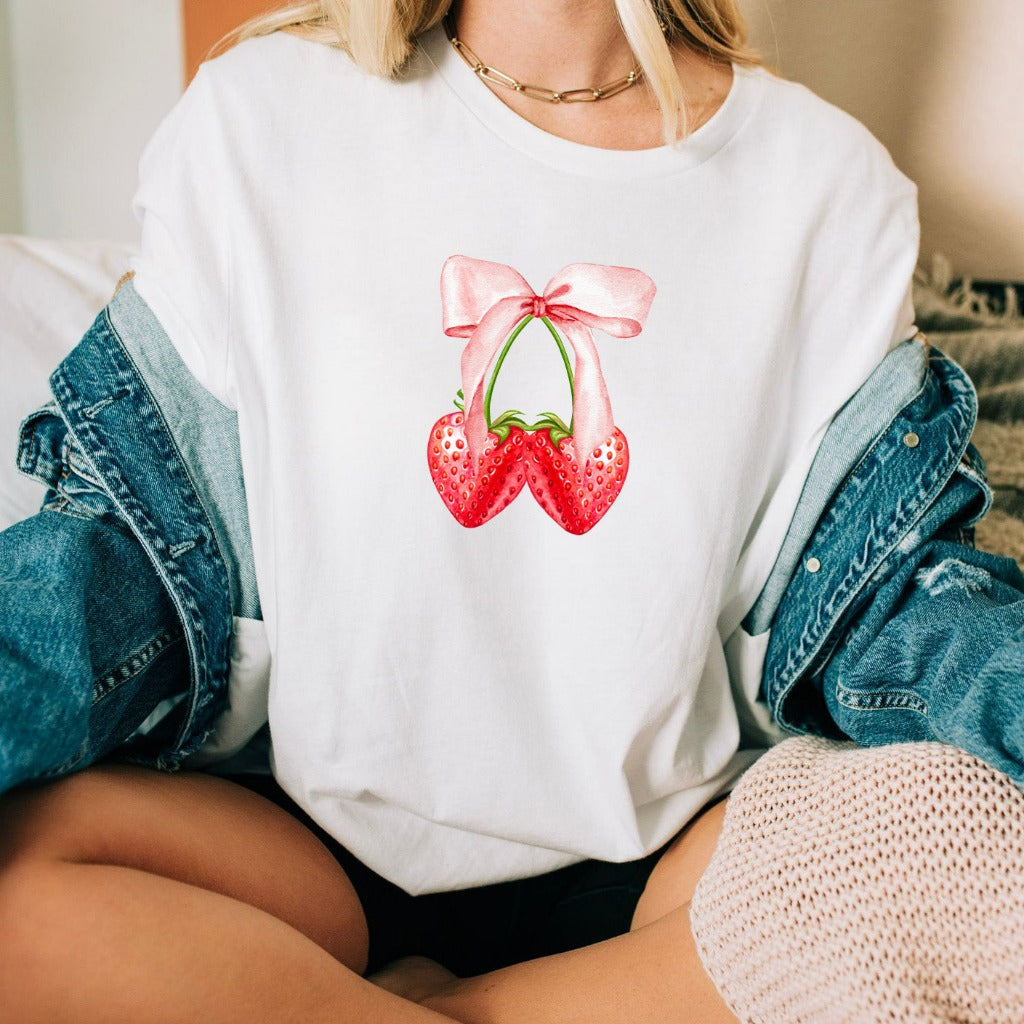 Pink Bow Coquette Strawberry Shirt, Strawberry TShirt, Girly Pink Graphic Tee, Coquette Bow Shirt, Coquette Aesthetic T Shirt, Gift for Her