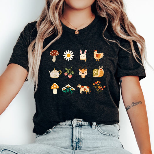 Cottagecore Doodles Shirt, Aesthetic Flower TShirt, Floral Graphic Tee, Botanical Shirt, Mushroom Nature Shirt, Cute Gift for Her, Forest