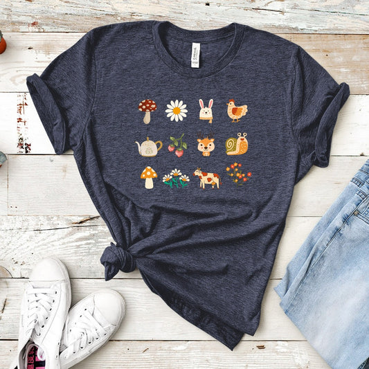Cottagecore Doodles Shirt, Aesthetic Flower TShirt, Floral Graphic Tee, Botanical Shirt, Mushroom Nature Shirt, Cute Gift for Her, Forest