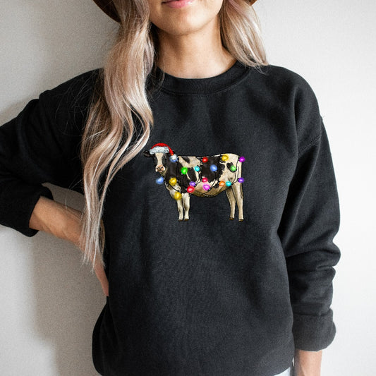Cow Christmas Lights Sweatshirt, Funny Cow Lover Crewneck, Christmas Farm Sweater, Funny Holiday Outfit, Cow Santa Shirt, Funny Heifer Gift