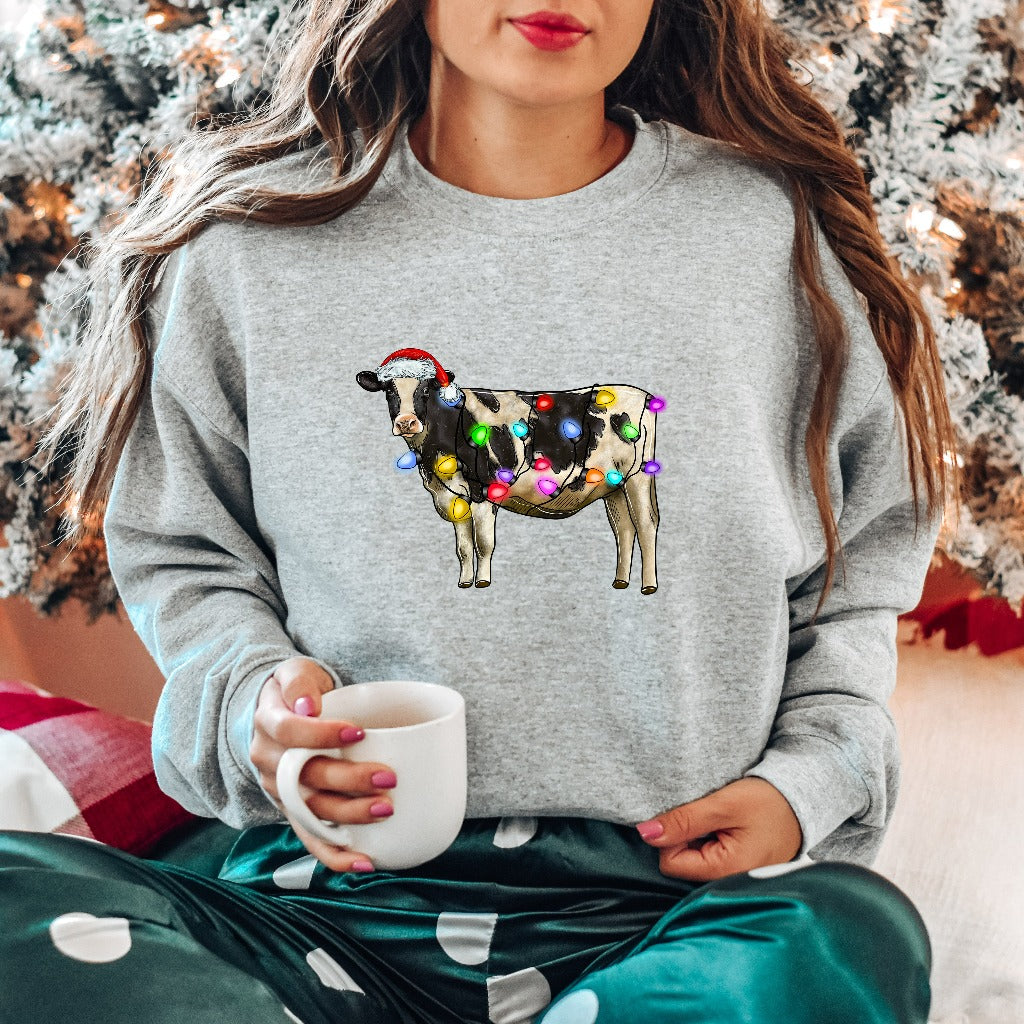 Cow Christmas Lights Sweatshirt, Funny Cow Lover Crewneck, Christmas Farm Sweater, Funny Holiday Outfit, Cow Santa Shirt, Funny Heifer Gift