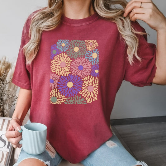 Flowers Shirt, Boho Wildflowers Floral Nature TShirt, Comfort Colors Garment Dyed Graphic Tee, Oversized, Vintage Abstract Dahlia Flowers