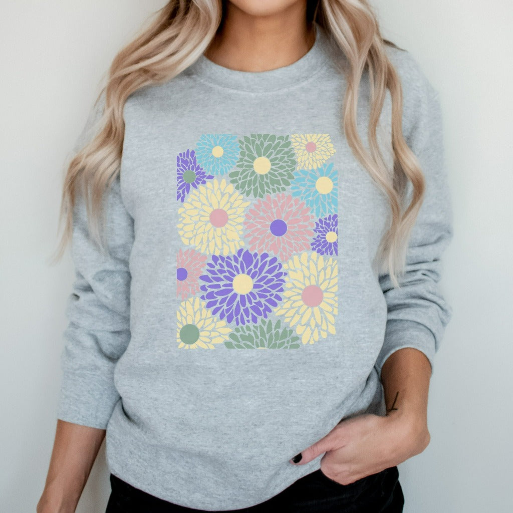 Flowers Sweatshirt, Boho Wildflowers Floral Nature Crewneck, Dahlia's Shirt, Vintage Abstract Dahlia Flowers Gift, Retro Wildflower Sweater