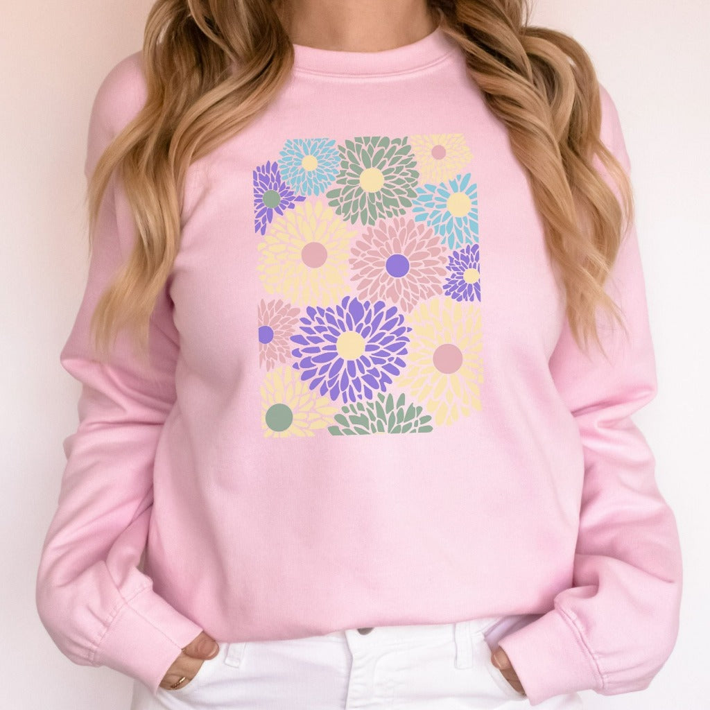 Flowers Sweatshirt, Boho Wildflowers Floral Nature Crewneck, Dahlia's Shirt, Vintage Abstract Dahlia Flowers Gift, Retro Wildflower Sweater