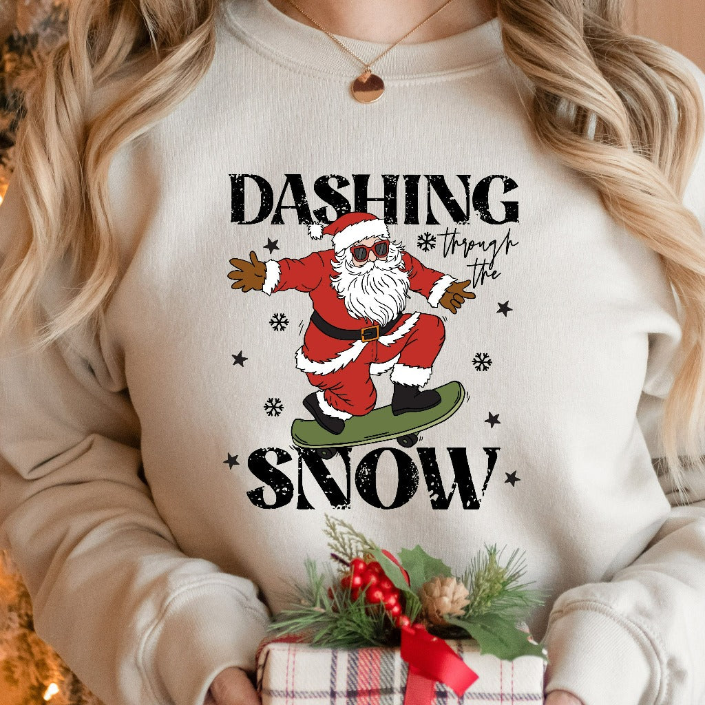 Dashing Through the Snow Christmas Sweatshirt, Womens Christmas Sweater, Skateboarding Santa Crewneck Pullover, Christmas Holiday Gift