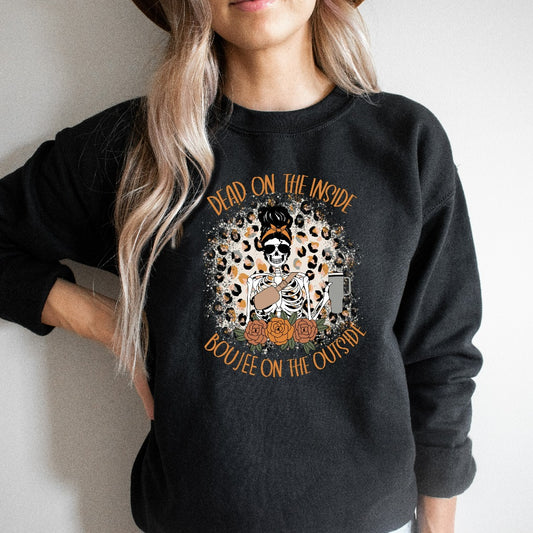 Dead Inside Boujee Outside Skeleton Coffee Sweatshirt, Funny Sarcastic Fall Coffee Crewneck, Coffee Lover Sweater, Halloween Gift Tired Mom