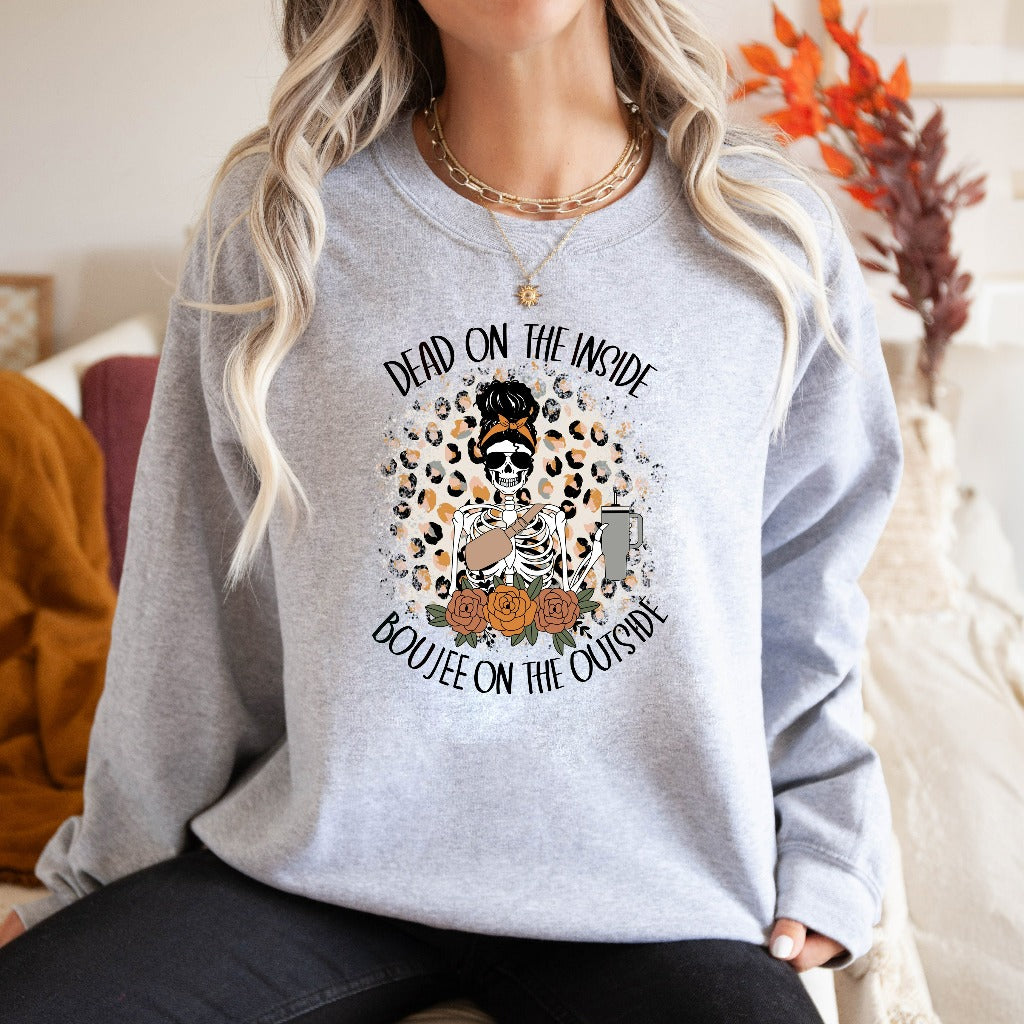 Dead Inside Boujee Outside Skeleton Coffee Sweatshirt, Funny Sarcastic Fall Coffee Crewneck, Coffee Lover Sweater, Halloween Gift Tired Mom