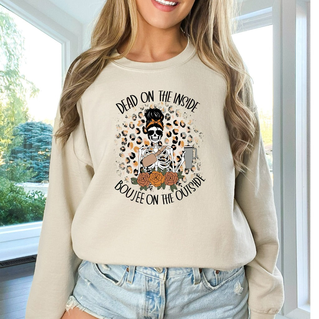 Dead Inside Boujee Outside Skeleton Coffee Sweatshirt, Funny Sarcastic Fall Coffee Crewneck, Coffee Lover Sweater, Halloween Gift Tired Mom