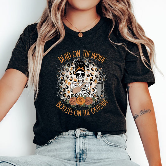 Dead Inside Boujee Outside Skeleton Coffee Shirt, Funny Sarcastic Fall Coffee TShirt, Coffee Lover Graphic Tee, Halloween Gift for Tired Mom