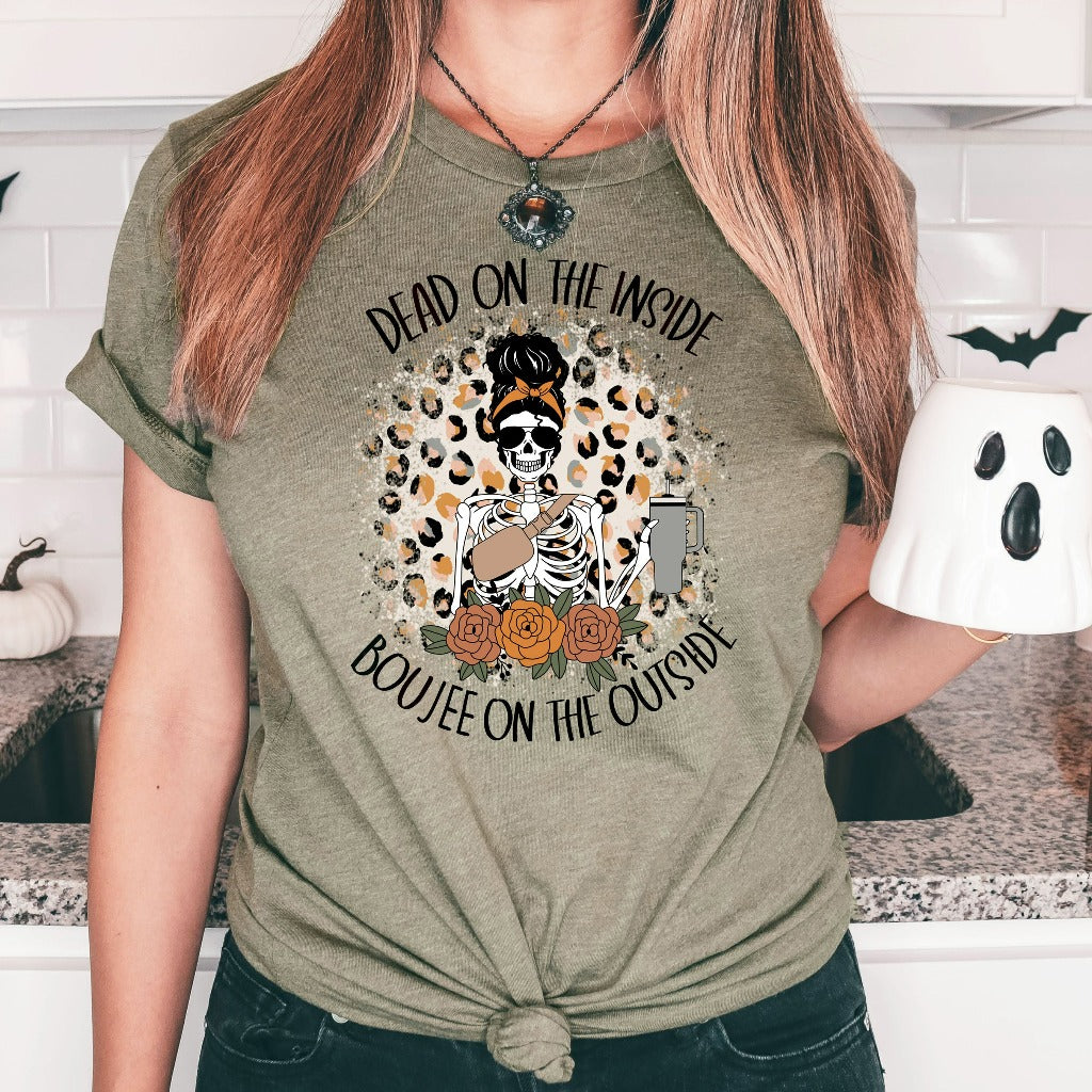 Dead Inside Boujee Outside Skeleton Coffee Shirt, Funny Sarcastic Fall Coffee TShirt, Coffee Lover Graphic Tee, Halloween Gift for Tired Mom