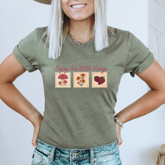 Enjoy The Little Things Shirt, Cottagecore TShirt, Mushroom Strawberry Nature Graphic Tee, VSCO T-Shirt, Motivational Gift for Her, Positive