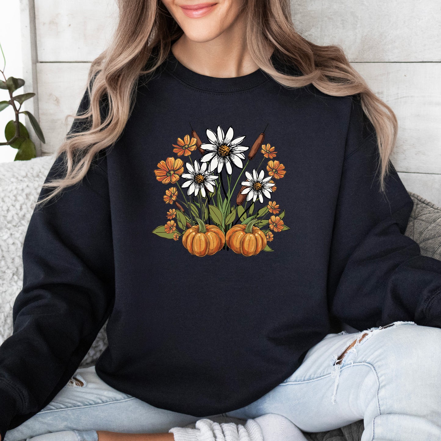 Retro Pumpkins with Fall Flowers Sweatshirt, Cozy Autumn Floral Crewneck