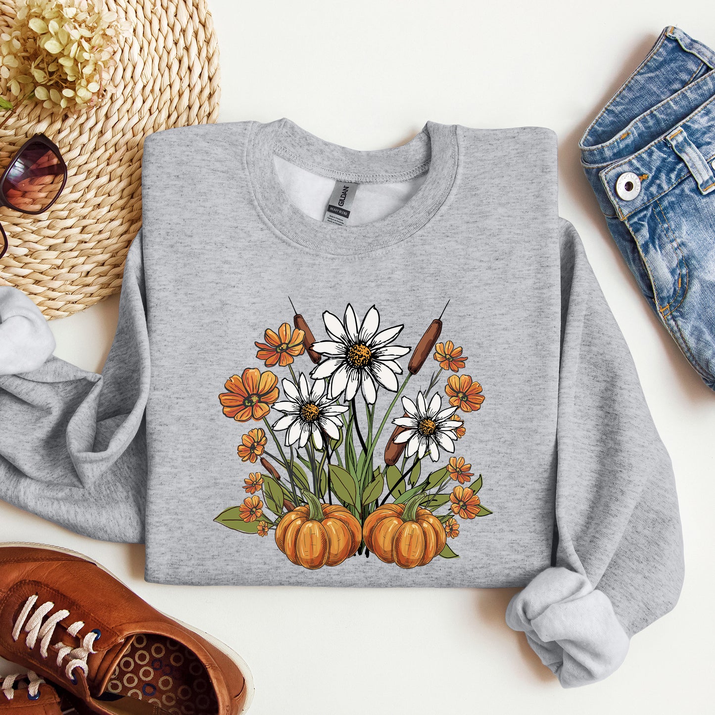 Retro Pumpkins with Fall Flowers Sweatshirt, Cozy Autumn Floral Crewneck