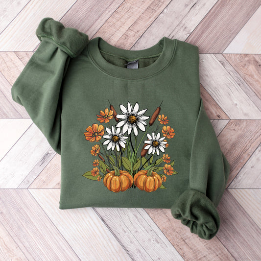 Retro Pumpkins with Fall Flowers Sweatshirt, Cozy Autumn Floral Crewneck