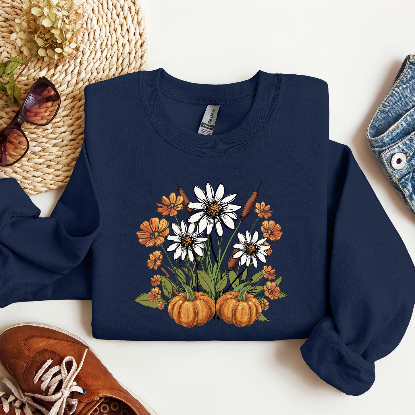 Retro Pumpkins with Fall Flowers Sweatshirt, Cozy Autumn Floral Crewneck