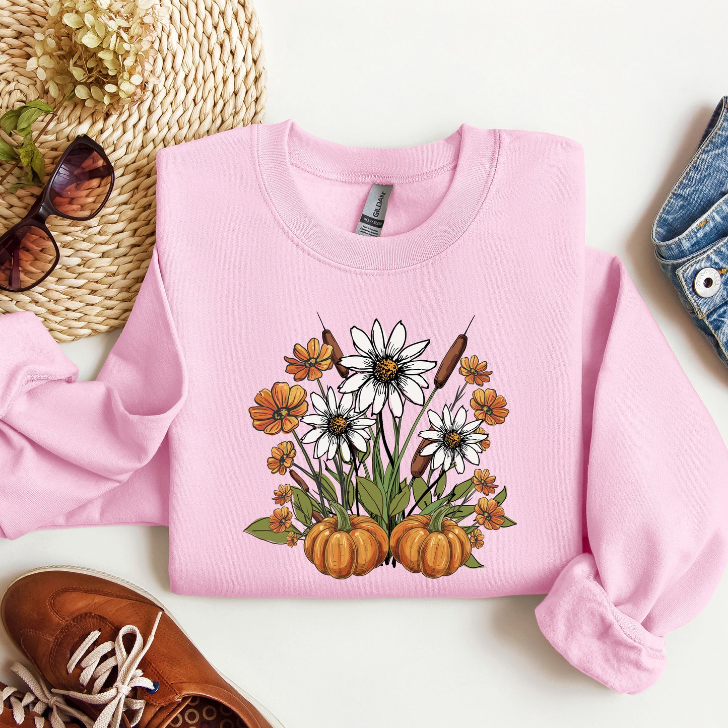 Retro Pumpkins with Fall Flowers Sweatshirt, Cozy Autumn Floral Crewneck