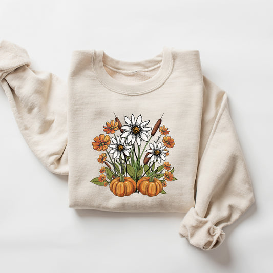 Retro Pumpkins with Fall Flowers Sweatshirt, Cozy Autumn Floral Crewneck