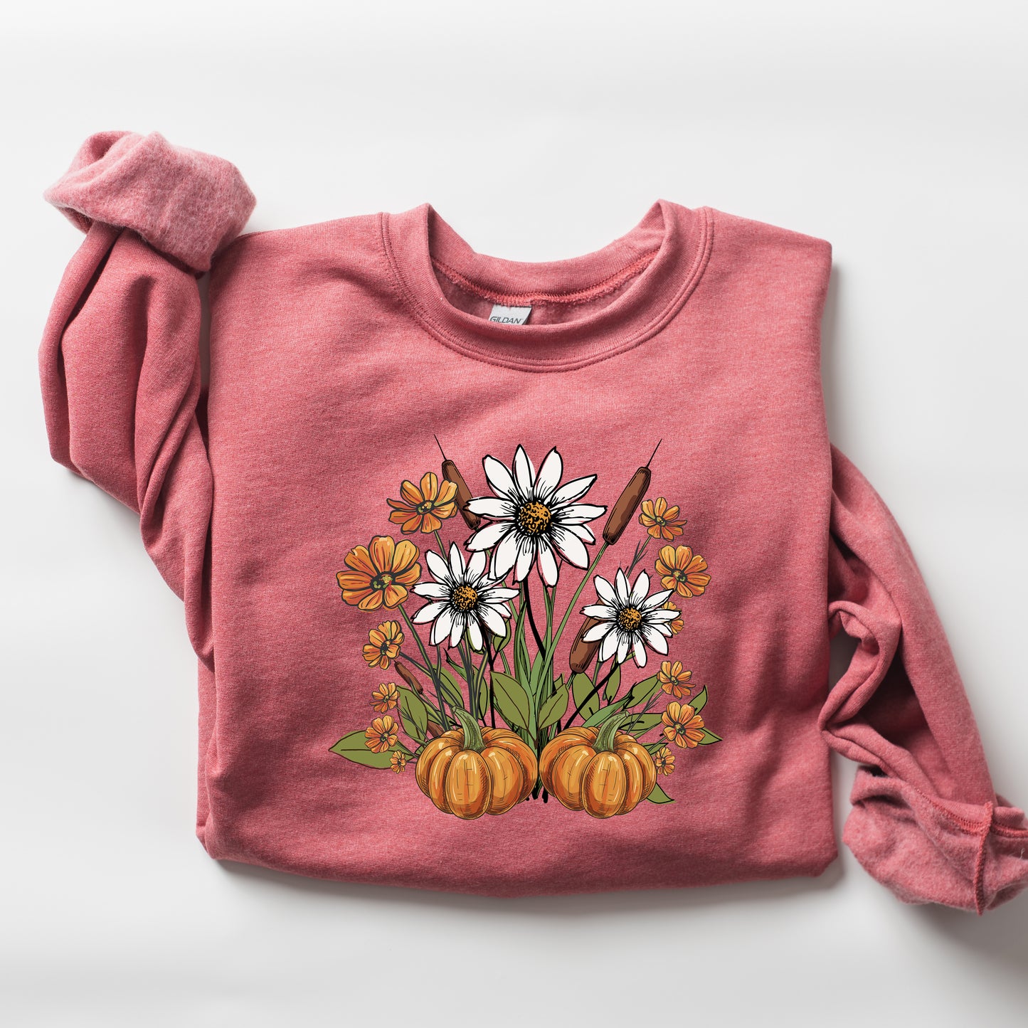 Retro Pumpkins with Fall Flowers Sweatshirt, Cozy Autumn Floral Crewneck