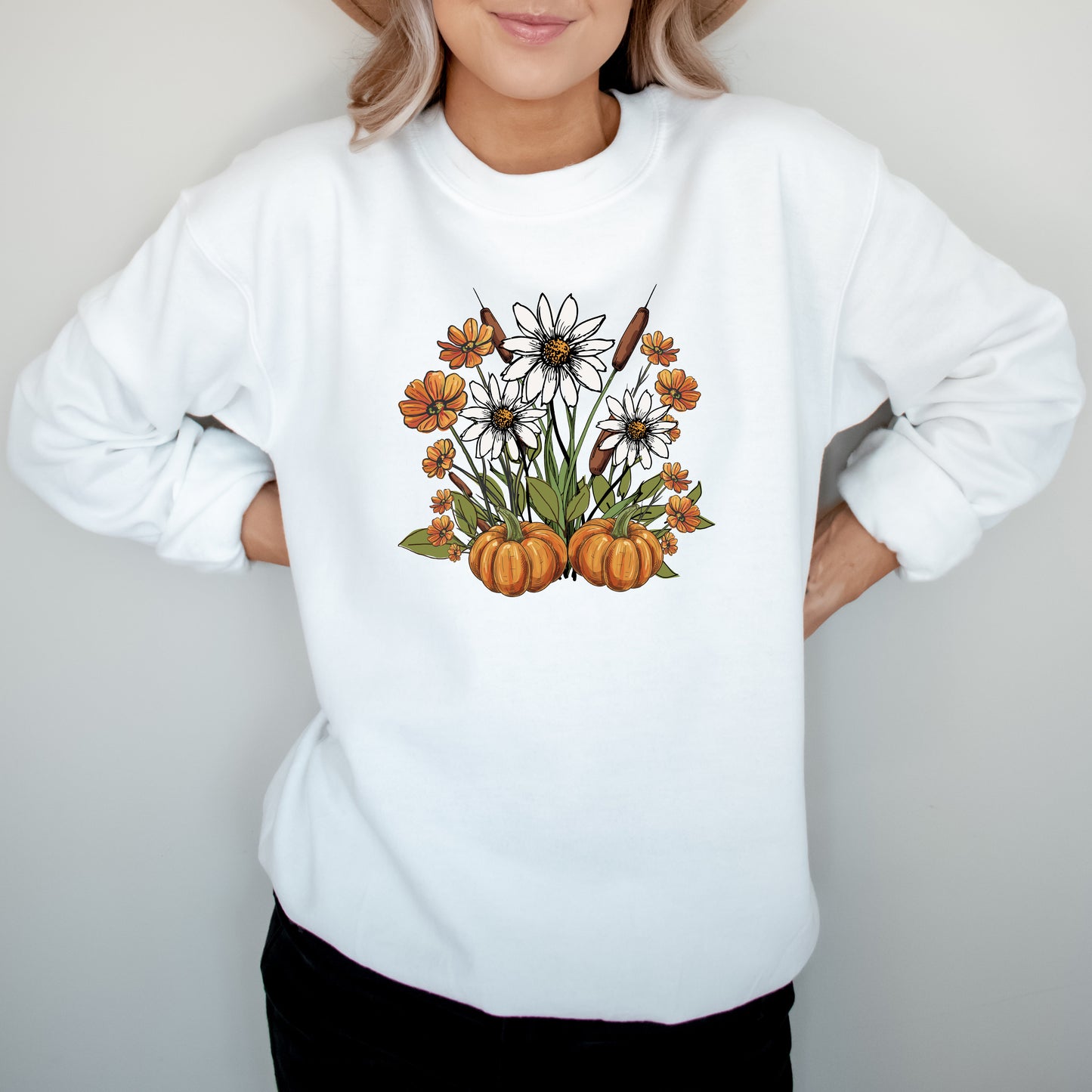 Retro Pumpkins with Fall Flowers Sweatshirt, Cozy Autumn Floral Crewneck