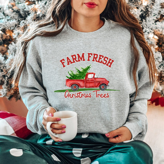 Farm Fresh Christmas Tree Sweatshirt, Womens Christmas Sweater, Christmas Crewneck Pullover, Christmas Holiday Gift, Winter Sweatshirt
