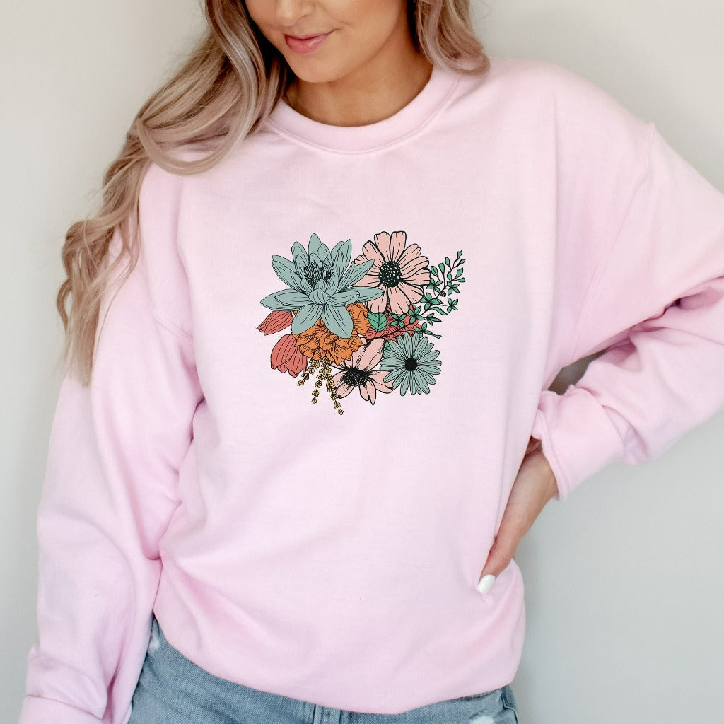 Floral Bouquet Crewneck Sweatshirt, Boho Flowers Sweater, Retro Floral Hoodie, Vintage Botanical Flowers Mom Gift, Retro Wildflower Shirt