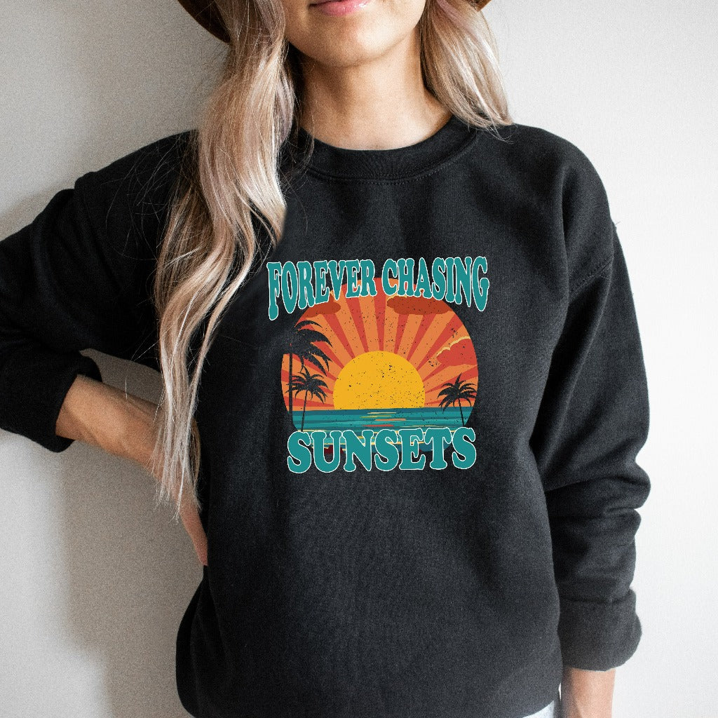 Forever Chasing Sunsets Sweatshirt, Beach Coverup Crewneck, Trendy Aesthetic Hoodie, Gift for Beach Lover, Summer Vacation Shirt, Palm Trees