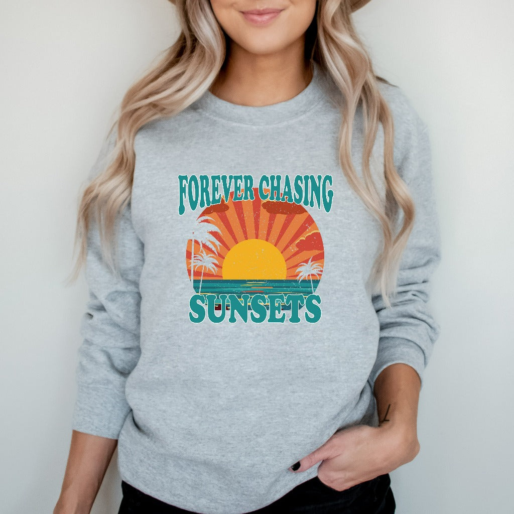 Forever Chasing Sunsets Sweatshirt, Beach Coverup Crewneck, Trendy Aesthetic Hoodie, Gift for Beach Lover, Summer Vacation Shirt, Palm Trees