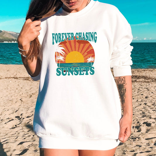 Forever Chasing Sunsets Sweatshirt, Beach Coverup Crewneck, Trendy Aesthetic Hoodie, Gift for Beach Lover, Summer Vacation Shirt, Palm Trees