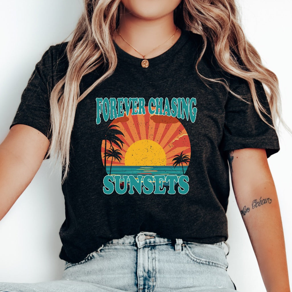 Forever Chasing Sunsets Shirt, Beach Coverup TShirt, Trendy Aesthetic Graphic Tee, Gift for Beach Lover, Summer Vacation Shirt, Palm Trees