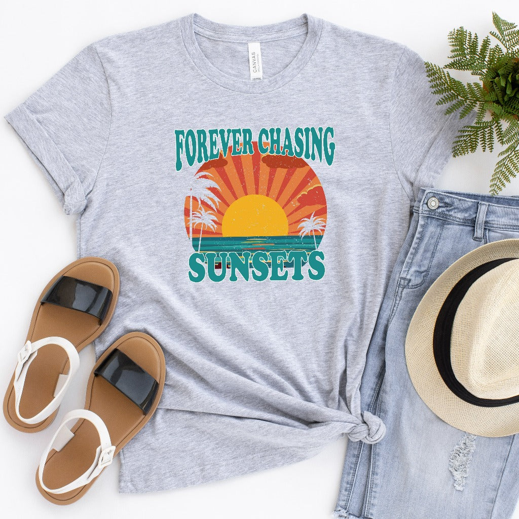 Forever Chasing Sunsets Shirt, Beach Coverup TShirt, Trendy Aesthetic Graphic Tee, Gift for Beach Lover, Summer Vacation Shirt, Palm Trees
