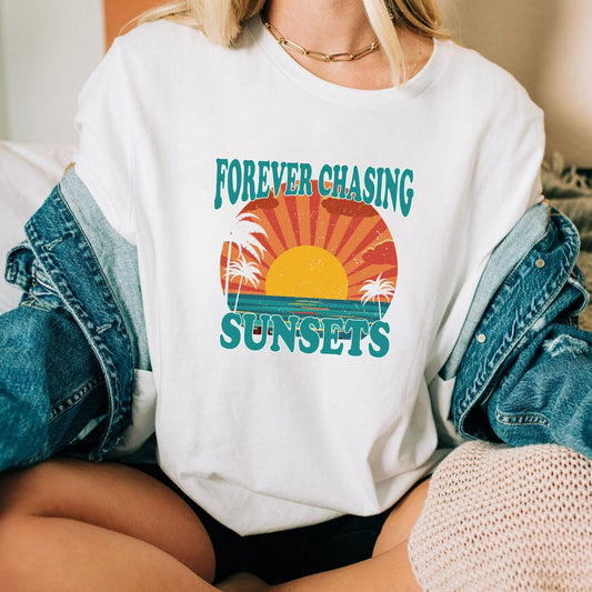 Forever Chasing Sunsets Shirt, Beach Coverup TShirt, Trendy Aesthetic Graphic Tee, Gift for Beach Lover, Summer Vacation Shirt, Palm Trees