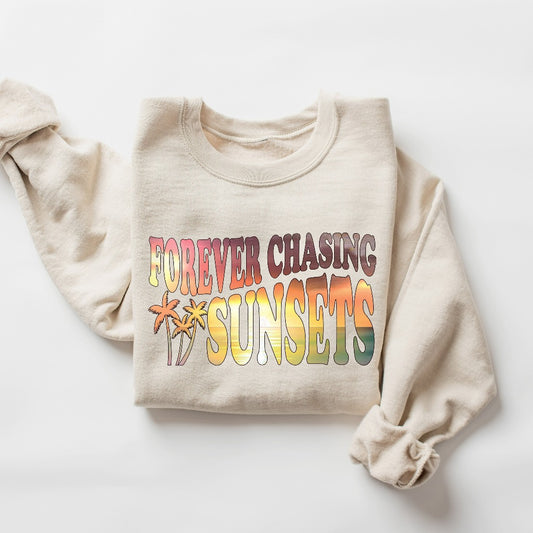 Forever Chasing Sunsets Sweatshirt, Beach Coverup Crewneck, Trendy Aesthetic Hoodie, Gift for Beach Lover, Summer Vacation Shirt, Palm Trees