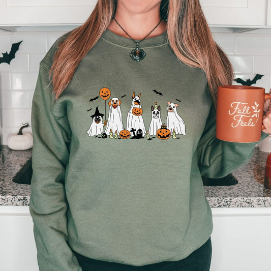 Ghost Dogs Halloween Sweatshirt, Pumpkins Crewneck, Cute Halloween Sweater, Vintage Retro Fall Shirts, Flowers Jack O Lantern Shirt