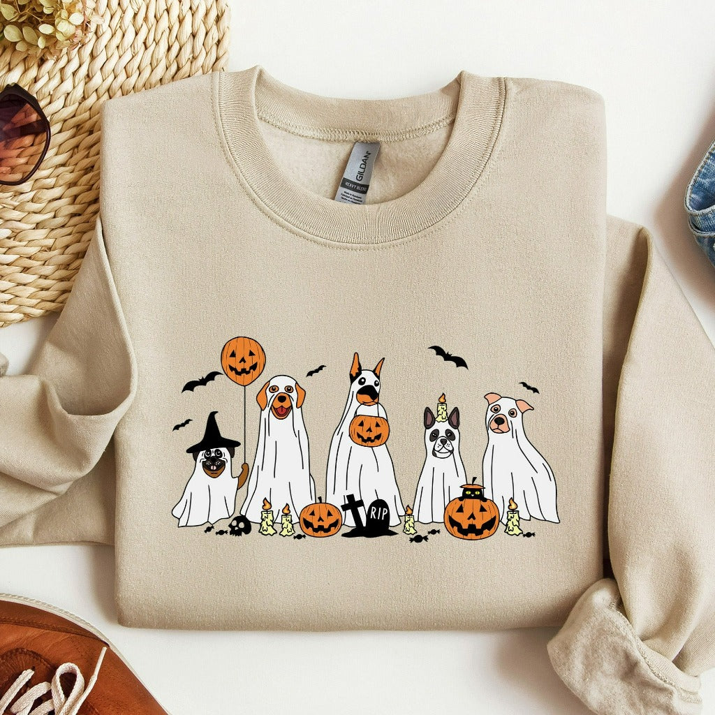 Ghost Dogs Halloween Sweatshirt, Pumpkins Crewneck, Cute Halloween Sweater, Vintage Retro Fall Shirts, Flowers Jack O Lantern Shirt
