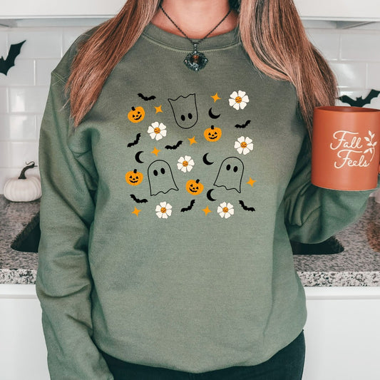 Halloween Doodles Sweatshirt, Halloween Little Things Crewneck, Ghost Pumpkin Sweater, Cute Spooky Autumn Gift, Fall Apparel for Her